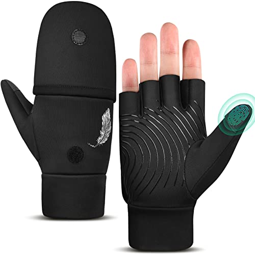 EEFOW Guantes y Mitones Térmicos de Invierno sin Dedos: Clima Frío, Cálido, Impermeable, Liviano, Pantalla Táctil, Correr, Ciclismo, Guantes Deportivos para Hombres y Mujeres, Negro M