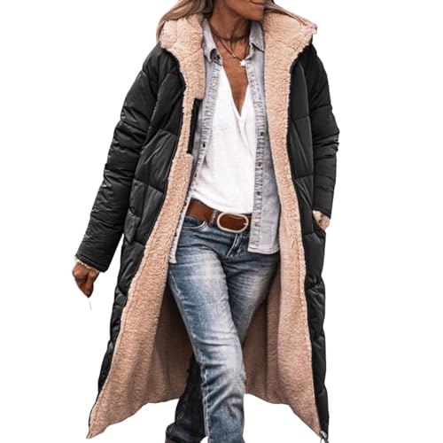 EflAl Invierno Cálido Abrigos Reversibles Para Las Mujeres De Lana Larga Chaqueta Acolchada Puffe Ligero Abrigo Con Cremallera Sudadera Con Capucha Ropa De Abrigo (Color : Black, Size : 3XL)