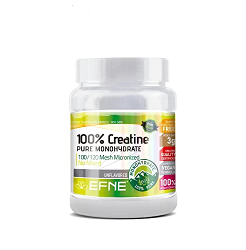 EFNE | Creatina 100% Monohidrato 100/120 Mesh Micronized | 300 Gramos en Polvo | 100% Pureza |Aumenta Resistencia | Aumenta Fuerza |Sabor Neutro | Vegano | Fabricada sin mezclas