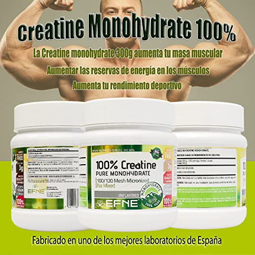 EFNE | Creatina 100% Monohidrato 100/120 Mesh Micronized | 300 Gramos en Polvo | 100% Pureza |Aumenta Resistencia | Aumenta Fuerza |Sabor Neutro | Vegano | Fabricada sin mezclas