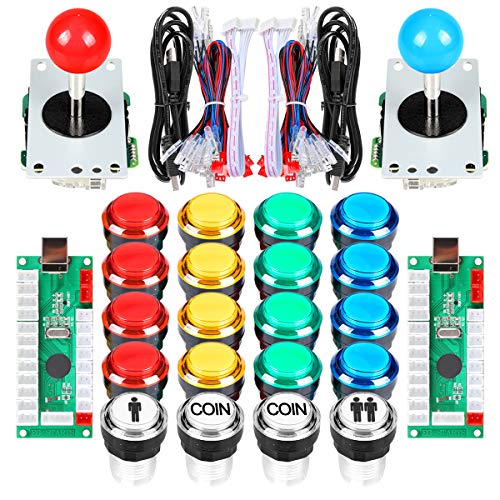 EG STARTS 2 Player Classic Arcade DIY Kit USB Encoder to PC 2x 5 Pin Joystick Games + 16x 30mm 5V LED Botón iluminado 1 + 2 jugadores Botones de monedas para Raspberry Pi 1 2 3 3B Mame Fighting Stick