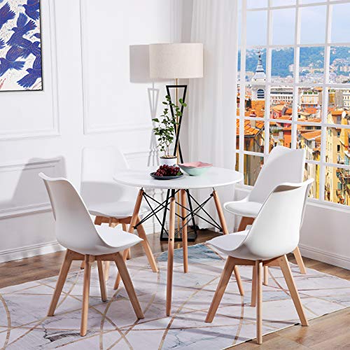 EGGREE Pack de 4 Sillas de Comedor Sillas Cocina Nórdico con Asiento Tapizado y Las piernas de Madera de Haya Maciza - Blanco