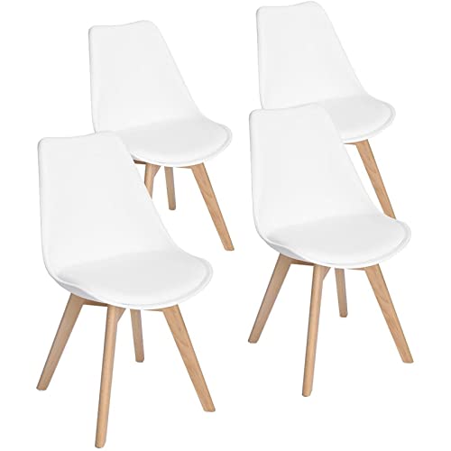 EGGREE Pack de 4 Sillas de Comedor Sillas Cocina Nórdico con Asiento Tapizado y Las piernas de Madera de Haya Maciza - Blanco