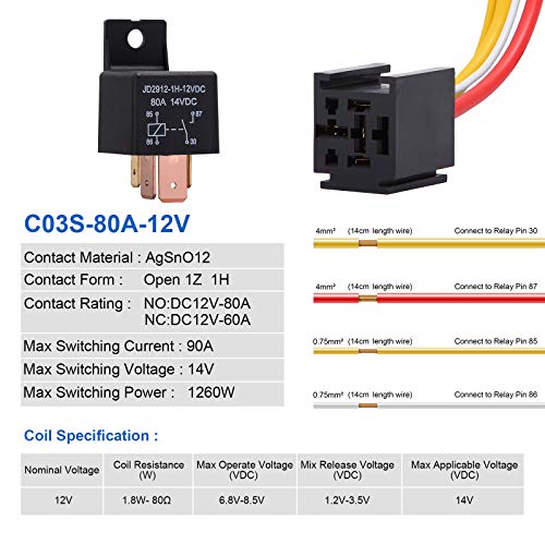 Ehdis 1 Piezas Relé de Coche 4 Pin 12V 80A con Arnés de Enchufes, On/Off Normalmente Abierto SPST Relé Socket Plug 4 Wire, pour Coche Motor Bote