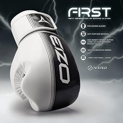 EIZO Guantes de Boxeo, PU Leather Entrenamiento Guantes de Boxeo para Hombre, Mujer, Muay Thai, Kick Boxing Sparring, Combate, Sacos Boxeo, MMA, Gloves Gimnasio 10 12 14 16 OZ (14 oz, White)