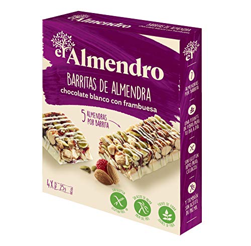 El Almendro, Barritas de Almendra con Chocolate Blanco y Frutos Rojos, Barritas Energeticas, Barritas Cereales, 4 porciones de 25 Gramos, 100 Gramos