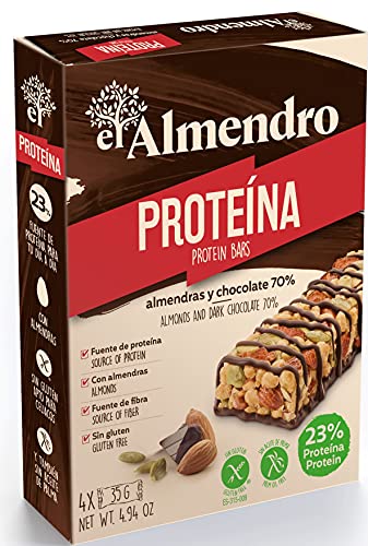 El Almendro, Barritas de Almendra y Chocolate Negro 70%, Barritas Energeticas, Barritas Proteicas, 4 porciones de 35 Gramos, 140 Gramos