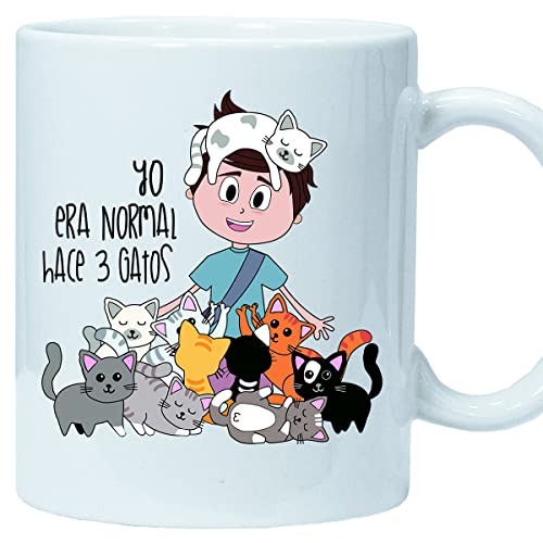 El Cajon Friki Taza (3 Gatos Chico) Tazas Originales de café y desayuno para Regalar a Amantes de los Gatos Yo Era Normal hace 3 gatos - Hombre - Cerámica 350 ml