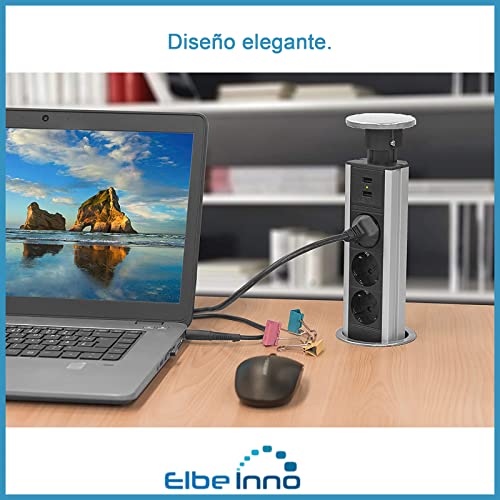 Elbe Inno Regleta multienchufe retráctil con 3 enchufes schuko EU y 2 Puertos USB. Torre de enchufes Vertical empotrable para encimera de Cocina o Escritorio