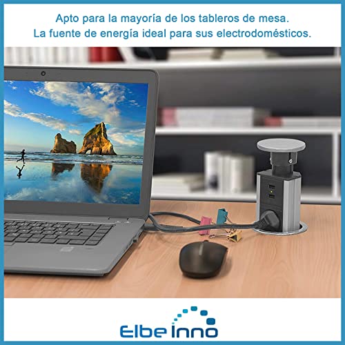 Elbe Inno Regleta multienchufe retráctil con 3 enchufes schuko EU y 2 Puertos USB. Torre de enchufes Vertical empotrable para encimera de Cocina o Escritorio