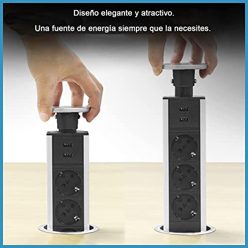 Elbe Inno Regleta multienchufe retráctil con 3 enchufes schuko EU y 2 Puertos USB. Torre de enchufes Vertical empotrable para encimera de Cocina o Escritorio