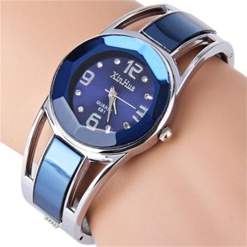 ele ELEOPTION Reloj de Pulsera de Cuarzo con Dial de Brillantes Cristales y Correa de Acero Inoxidable para Mujer, Azul Marino