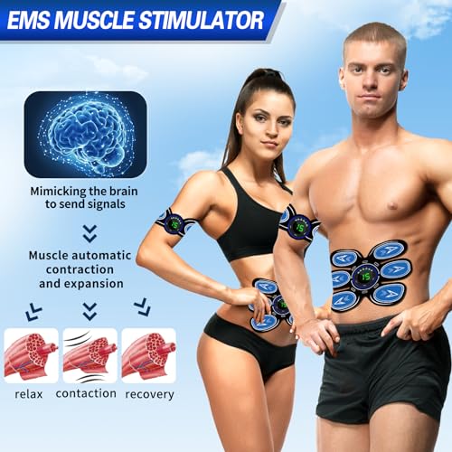 Electroestimulador Muscular, Abdominales Electroestimulacion, EMS Estimulador Eléctrico Abdominal, 6 Modos y 15 Intensidades, 10 Almohadillas De Repuesto