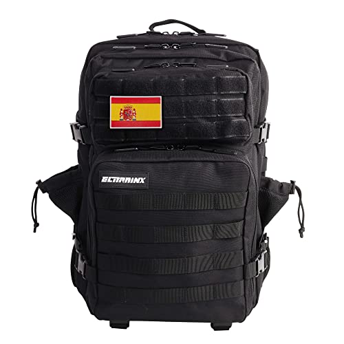 ELITRAINX Mochila 45L Táctica Militar Bandera España Deporte, Cabina Avión, CrossTraining, Aire Libre Deportes Gimnasio Portatil by ELITEX TRAINING (Negro)