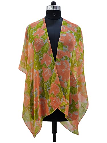 Elu ♥ Kimono de playa para mujer, cárdigan casual con estampado floral bohemio, Gasa Neón Naranja Verde, Talla única