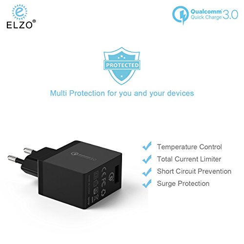 ELZO QC 3.0 Cargador Rápido 18W USB Quick Charger 2.4A para HTC One A9, LG G6 / V20, Samsung S7 Plus / S7 / S7 Edge, Huawei Mate 9, Sony Xperia, Más Móviles y Tablets con QC 3.0 o QC 2.0.