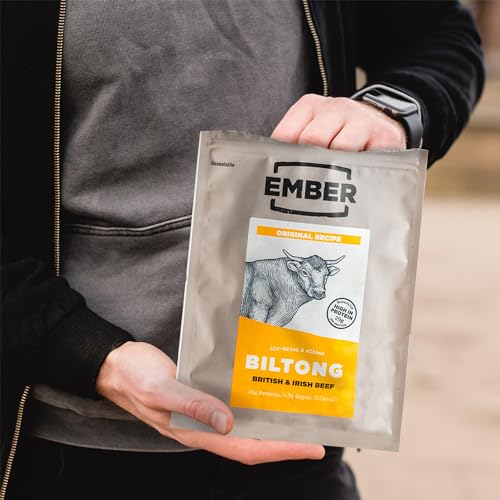 Ember Snacks - Biltong Beef Jerky (1x250g Original) Alto en proteínas, bajo en calorías. Refrigerio Bajo en Grasa, Para Llevar, El embalaje puede varíar