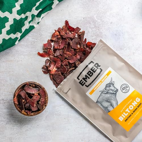 Ember Snacks - Biltong Beef Jerky (1x250g Original) Alto en proteínas, bajo en calorías. Refrigerio Bajo en Grasa, Para Llevar, El embalaje puede varíar