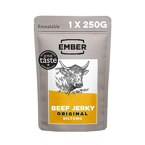 Ember Snacks - Biltong Beef Jerky (1x250g Original) Alto en proteínas, bajo en calorías. Refrigerio Bajo en Grasa, Para Llevar, El embalaje puede varíar