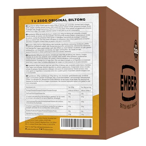 Ember Snacks - Biltong Beef Jerky (1x250g Original) Alto en proteínas, bajo en calorías. Refrigerio Bajo en Grasa, Para Llevar, El embalaje puede varíar