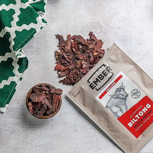 Ember Snacks - Biltong Beef Jerky (4x250g Chilli) Alto en proteínas, bajo en calorías. Refrigerio Bajo en Grasa, Para Llevar