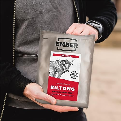 Ember Snacks - Biltong Beef Jerky (4x250g Chilli) Alto en proteínas, bajo en calorías. Refrigerio Bajo en Grasa, Para Llevar