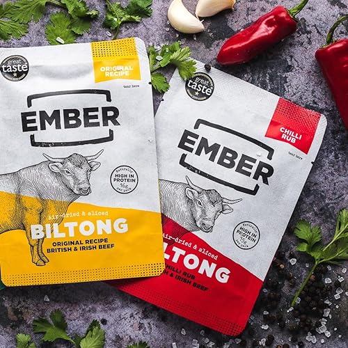 Ember Snacks - Biltong Beef Jerky (4x250g Chilli) Alto en proteínas, bajo en calorías. Refrigerio Bajo en Grasa, Para Llevar