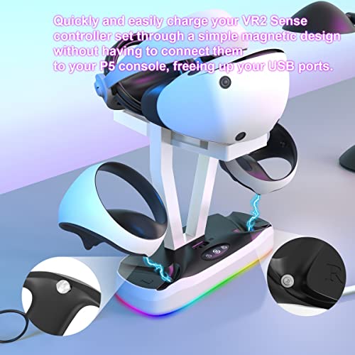 EMEBAY Soporte y estación de carga con luces RGB para PS VR2, estación de carga con indicadores y soporte para auriculares Realidad Virtual PS VR2, cargador compatible con Play*station PS VR2