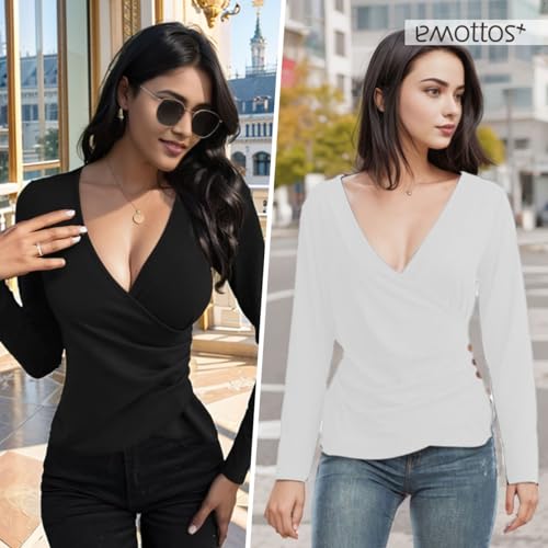 EMOTTOS Camisetas sexys Mujer con Escote en V- Tops Ajustados con Envoltura Cruzada, Cuello en V y Mangas largas, Blusas con Botones y Dobladillo Fruncido, Camiseta de Moda Y2K(Black-L)