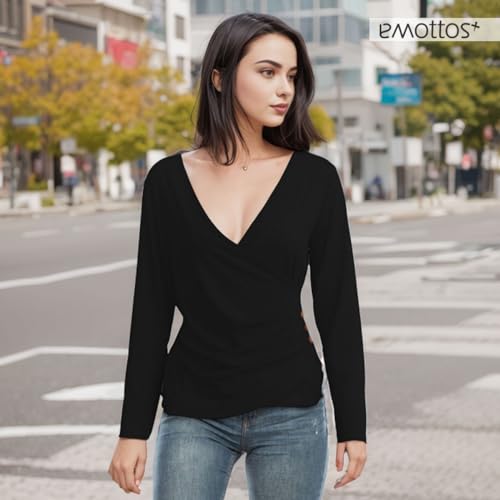 EMOTTOS Camisetas sexys Mujer con Escote en V- Tops Ajustados con Envoltura Cruzada, Cuello en V y Mangas largas, Blusas con Botones y Dobladillo Fruncido, Camiseta de Moda Y2K(Black-L)