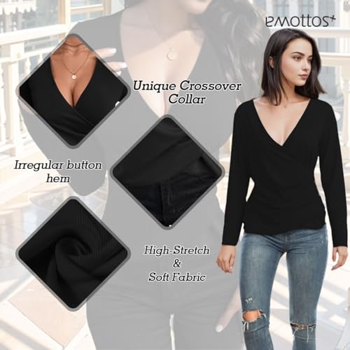 EMOTTOS Camisetas sexys Mujer con Escote en V- Tops Ajustados con Envoltura Cruzada, Cuello en V y Mangas largas, Blusas con Botones y Dobladillo Fruncido, Camiseta de Moda Y2K(Black-L)