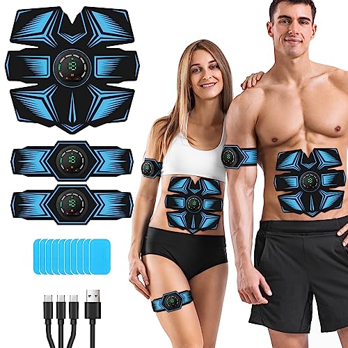 EMS Electroestimulador Muscular, Abdominales Electroestimulacion, USB Recargable EMS Estimulador Eléctrico Abdominal para Hombres Mujeres, Abdomen/Brazos/piernas, 8 Modos y 19 intensidades (azul)