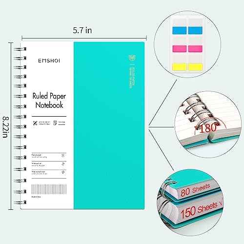 EMSHOI Cuaderno en espiral A5 con rayas universitarias, pequeño de 5.7 x 8.2 pulgadas, 300 páginas/150 hojas, papel grueso de 100 g/m², tapa dura impermeable, para oficina, escuela, mujeres, hombres,