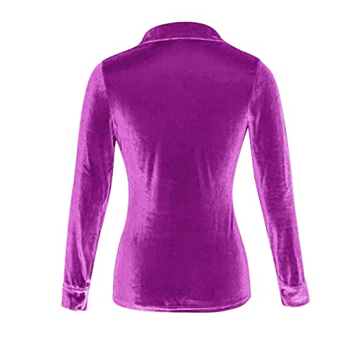 EMUKFD Blusa de terciopelo de invierno para mujer, manga larga, casual, con botones, cuello en V, cuello de solapa, con bolsillo, manga larga de terciopelo de invierno para mujer, hot pink, XL