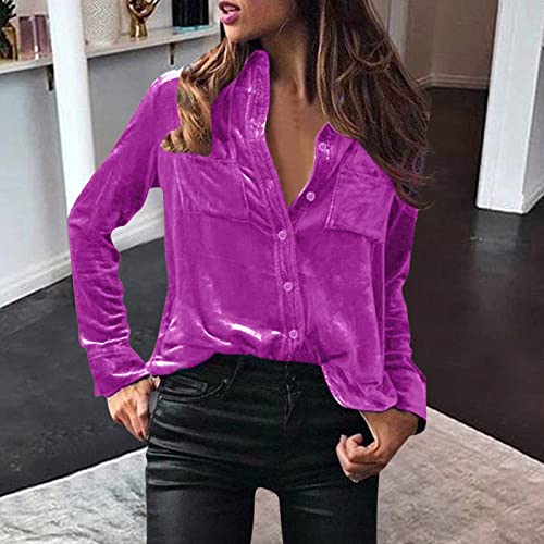 EMUKFD Blusa de terciopelo de invierno para mujer, manga larga, casual, con botones, cuello en V, cuello de solapa, con bolsillo, manga larga de terciopelo de invierno para mujer, hot pink, XL