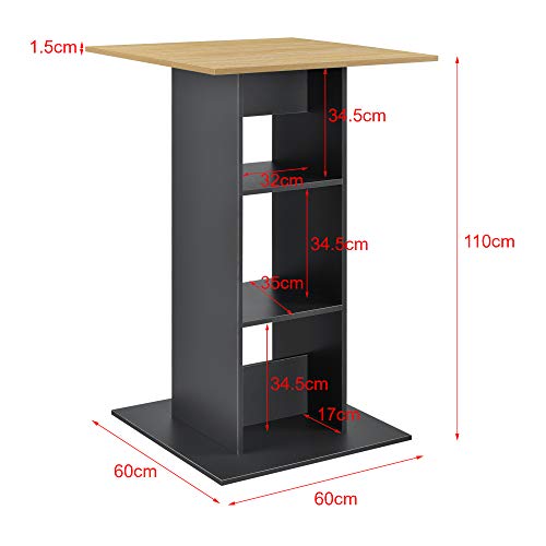 [en.casa] Mesa de Bar Mesa Bistro Elegante 70 x 70 x 110 cm Mesa Alta Cocina Barra integrada para Bebidas con 3 Estantes Gris Oscuro y Color Madera