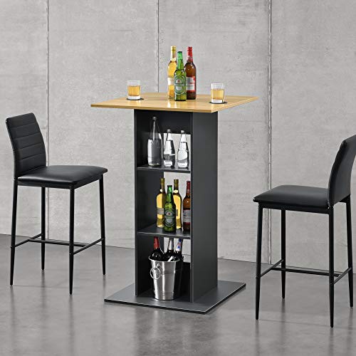 [en.casa] Mesa de Bar Mesa Bistro Elegante 70 x 70 x 110 cm Mesa Alta Cocina Barra integrada para Bebidas con 3 Estantes Gris Oscuro y Color Madera