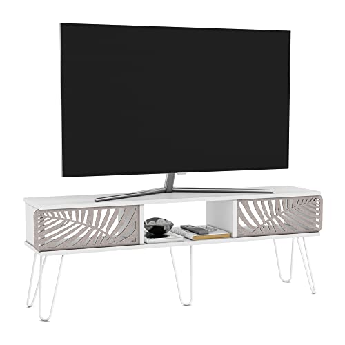 [en.casa] Mesa de TV Puertas en Forma de Hojas Palma Mueble de Salón con Compartimientos Aglomerado/Metal 139 x 30 x 49 cm - Blanco