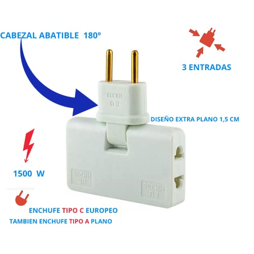 Enchufe Conversor UE 3 Salidas. Tipo C y Tipo A.Cabezal Giratorio 180º Adaptador de Salida Múltiple,diseñado para rincones con Poco Espacio. Blanco 1 Unidad