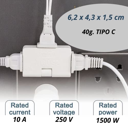 Enchufe Conversor UE 3 Salidas. Tipo C y Tipo A.Cabezal Giratorio 180º Adaptador de Salida Múltiple,diseñado para rincones con Poco Espacio. Blanco 1 Unidad