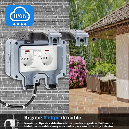 Enchufe Exterior Impermeable, Toma de Corriente IP66, Estanco con Interruptor, Conector de Cable y Tapa Abatible, para Cocina Baño Garaje Piscina y Jardín