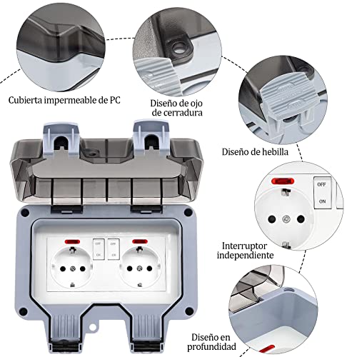 Enchufe Exterior Impermeable, Toma de Corriente IP66, Estanco con Interruptor, Conector de Cable y Tapa Abatible, para Cocina Baño Garaje Piscina y Jardín