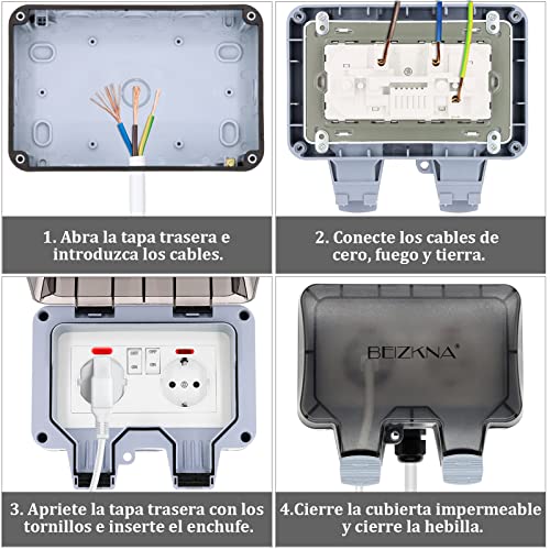 Enchufe Exterior Impermeable, Toma de Corriente IP66, Estanco con Interruptor, Conector de Cable y Tapa Abatible, para Cocina Baño Garaje Piscina y Jardín