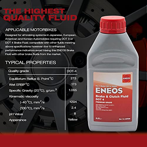 Eneos Brake & Clutch Fluid DOT 4 500 ml - Líquido de Frenos Sintético - Resistencia a altas temperaturas 310°C - Neutral para Juntas - Excelente Fórmula - Resistencia a la Corrosión