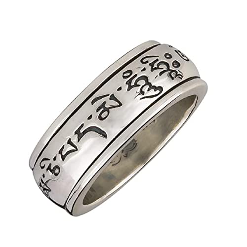 Energy Stone Mantra - Anillo de meditación con el mantra Om Mani Padme Hum - Inspirado en una rueda de plegaria - Plata de ley - (Modelo UK24)