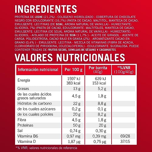 Enervit Barrita Proteica 50% Dark Choco, 20 g Proteína, Vitamina D y Vitamina B6, Sabor a Chocolate Oscuro, Sin Gluten, Bajo en Azúcar, 12 x 40g Barritas