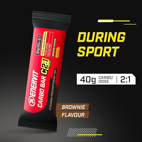 Enervit, Carbo Bar C2:1PRO Brownie, Barrita de 45g, Barrita de Avena con Glucosa, Fructosa y Vitamina B1, con 30g de Carbohidratos, Sin Gluten, Sabor Brownie