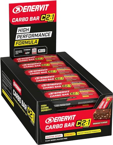 Enervit, Carbo Bar C2:1PRO Brownie, Barrita de 45g, Barrita de Avena con Glucosa, Fructosa y Vitamina B1, con 30g de Carbohidratos, Sin Gluten, Sabor Brownie