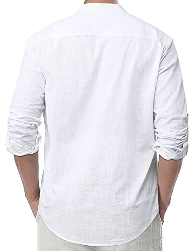 Enlision Hombre Verano Camisa de Lino Camisa Ajustada de Color Liso Camisa con Cuello en V Blusa de Moda con Botones T-Shirt Informal Blanco 4XL