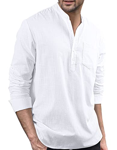 Enlision Hombre Verano Camisa de Lino Camisa Ajustada de Color Liso Camisa con Cuello en V Blusa de Moda con Botones T-Shirt Informal Blanco M